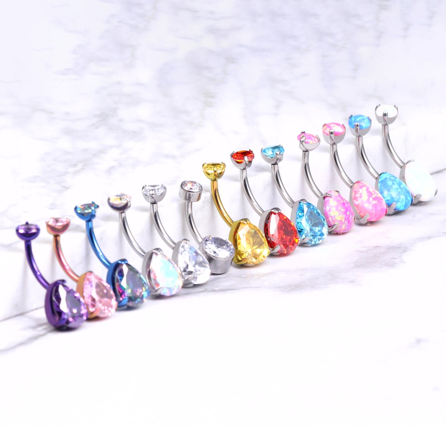 limerencia G23 Titanium Belly Button Rings hypoallergenic medical implant grade 14G Teardrop CZ Belly Navel Rings Piercing Belly Bars (Opal White)