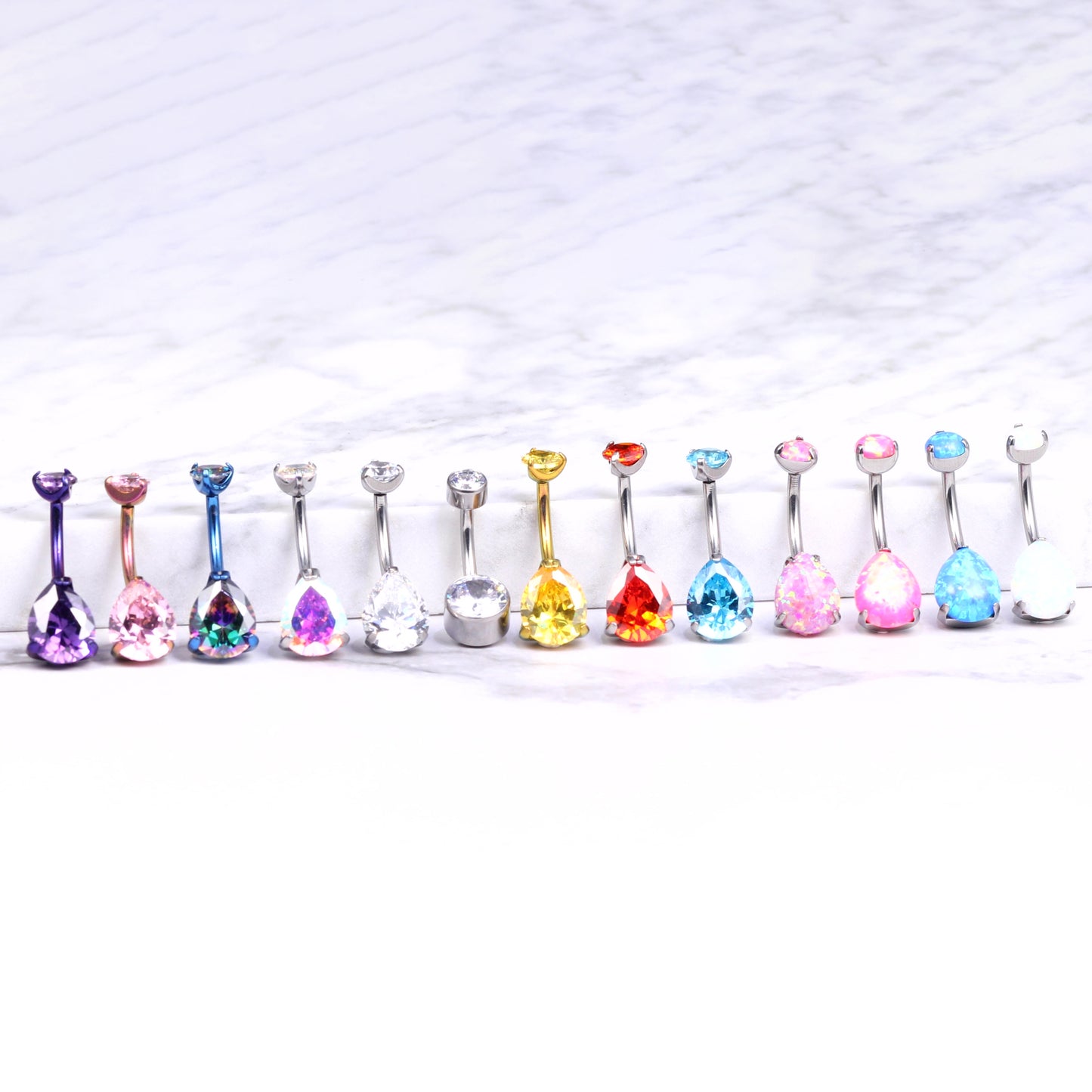 limerencia G23 Titanium Belly Button Rings hypoallergenic medical implant grade 14G Teardrop CZ Belly Navel Rings Piercing Belly Bars (Opal White)