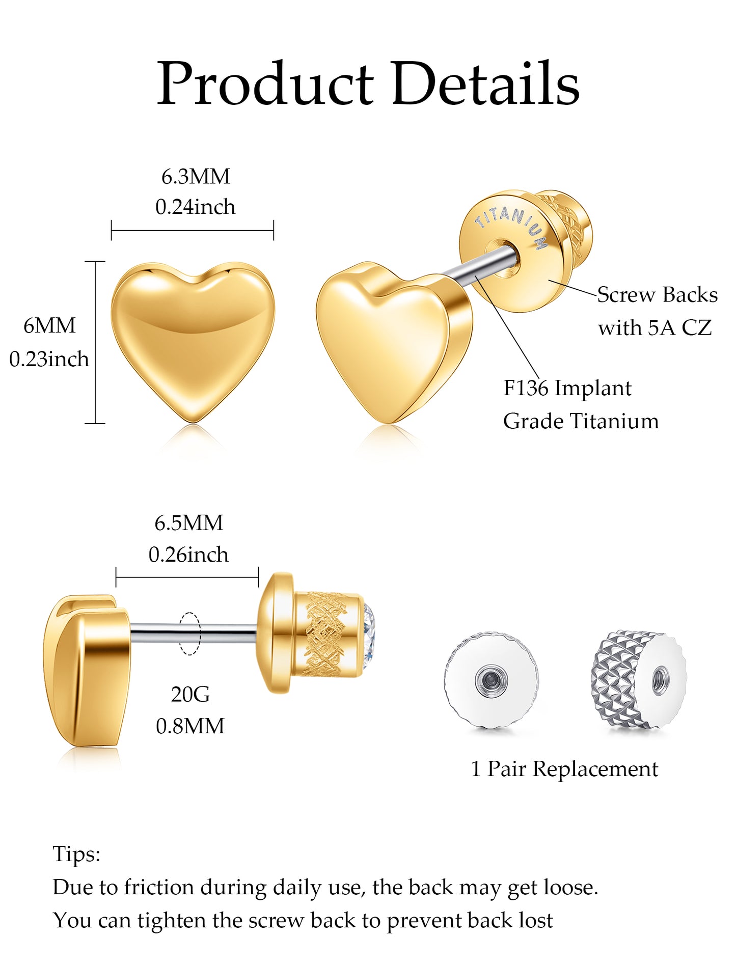 Limerencia Titanium Earring Studs, Implant Grade F136 Earrings with CZ Screw Back Hypoallergenic for Women and Men Sensitive Ears Jewelry Gift