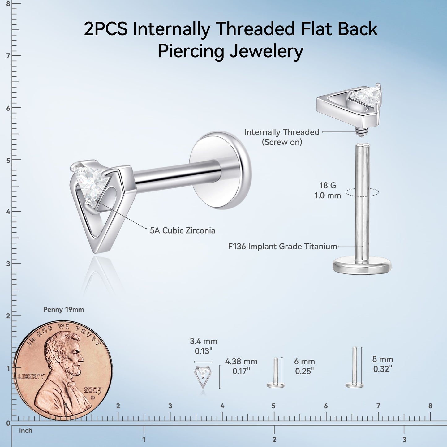 limerencia 18G Titanium Body Piercing Jewelry, 2PC Hypoallergenic Internally Threaded Flat Back Stud Earrings for Tragus/Nose/Helix/Conch/Lip/Labret/Cartilage Earrings for Women Men/conical