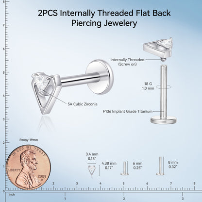 limerencia 18G Titanium Body Piercing Jewelry, 2PC Hypoallergenic Internally Threaded Flat Back Stud Earrings for Tragus/Nose/Helix/Conch/Lip/Labret/Cartilage Earrings for Women Men/conical