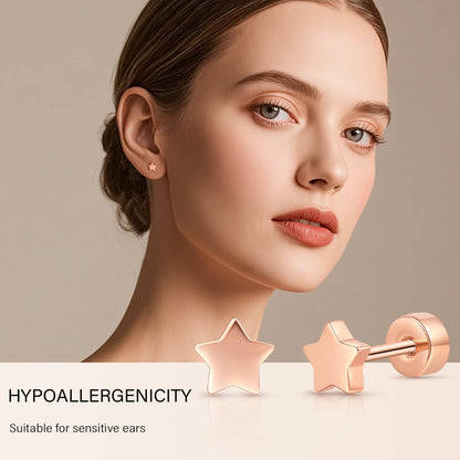 Limerencia Titan-Flachverschluss-Ohrstecker, hypoallergene Herz-/Stern-Schraubverschluss-Ohrstecker für Damen und Herren, klassische 5mm Schlafohrstecker für Knorpel und Ohrläppchen