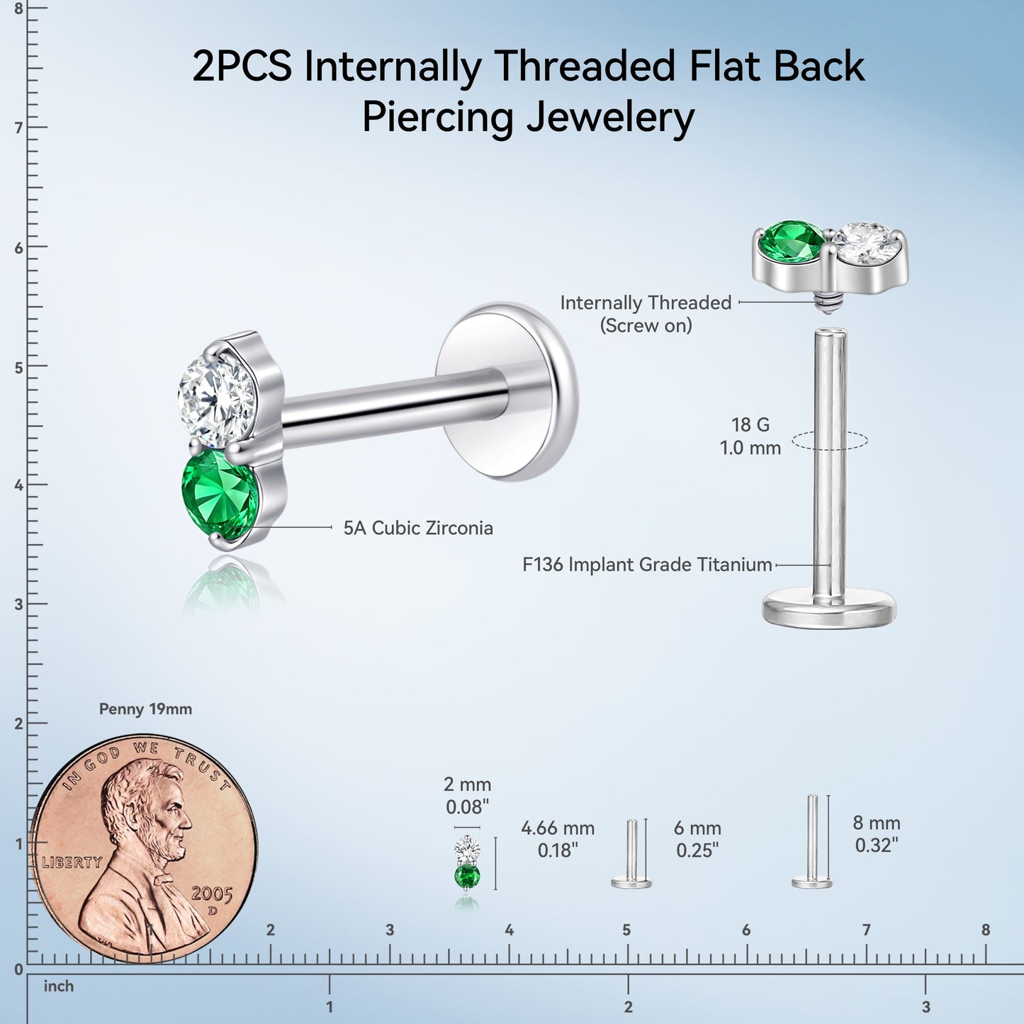 Limerencia 18G Titan-Körperschmuck, 2 Stück hypoallergene Innengewinde-Flachrücken-Ohrstecker für Tragus, Nase, Helix, Conch, Lippe und Labret, Knorpelpiercing für Damen & Herren, Besatz mit weiß-grünem Zirkonia