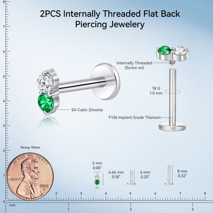 Limerencia 18G Titan-Körperschmuck, 2 Stück hypoallergene Innengewinde-Flachrücken-Ohrstecker für Tragus, Nase, Helix, Conch, Lippe und Labret, Knorpelpiercing für Damen & Herren, Besatz mit weiß-grünem Zirkonia