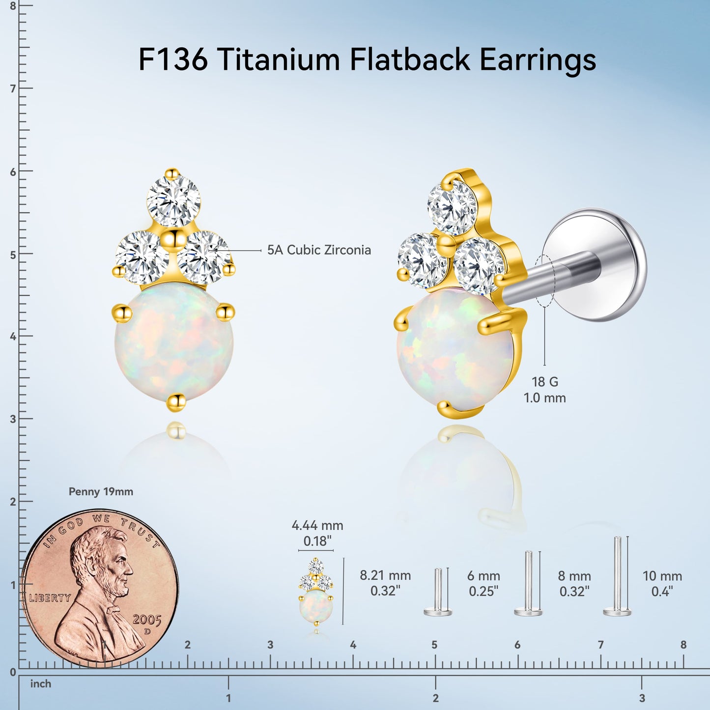 Limerencia 18G Titan-Körperschmuck, Innengewinde-Flachrücken-Ohrstecker für Tragus, Helix, Knorpel, Conch und Medusa, Damen & Herren, 1 Stück mit 3er-Zirkoniabesatz
