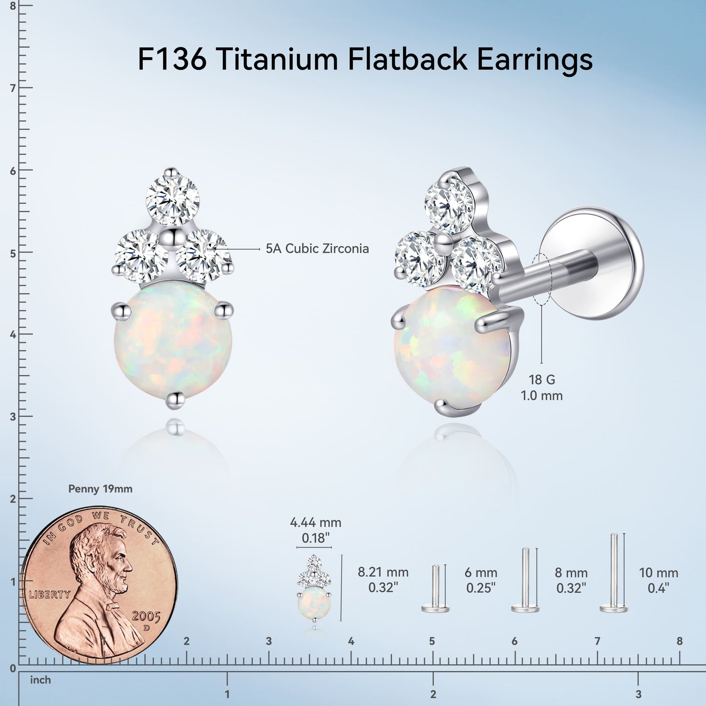 Limerencia 18G Titan-Körperschmuck, Innengewinde-Flachrücken-Ohrstecker für Tragus, Helix, Knorpel, Conch und Medusa, Damen & Herren, 1 Stück mit 3er-Zirkoniabesatz