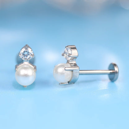 Limerencia G23 Hypoallergenic 18g Flat Back Stud Earrings | F136 Implant Grade Titanium Press Fit Threadless Push Pop in Cartilage Helix Labret Lip Monroe Tragus Piercing Studs- CZ + Pearl