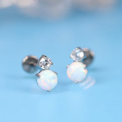 Pendientes hipoalergénicos Limerencia G23 de 18 g con parte trasera plana | F136 de titanio de grado implante de ajuste a presión sin rosca, pendientes de botón para cartílago, hélice, labret, labio, monroe, tragus con circonita cúbica y ópalo blanco