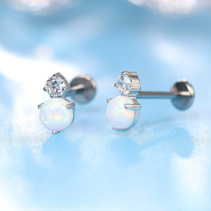 Pendientes hipoalergénicos Limerencia G23 de 18 g con parte trasera plana | F136 de titanio de grado implante de ajuste a presión sin rosca, pendientes de botón para cartílago, hélice, labret, labio, monroe, tragus con circonita cúbica y ópalo blanco