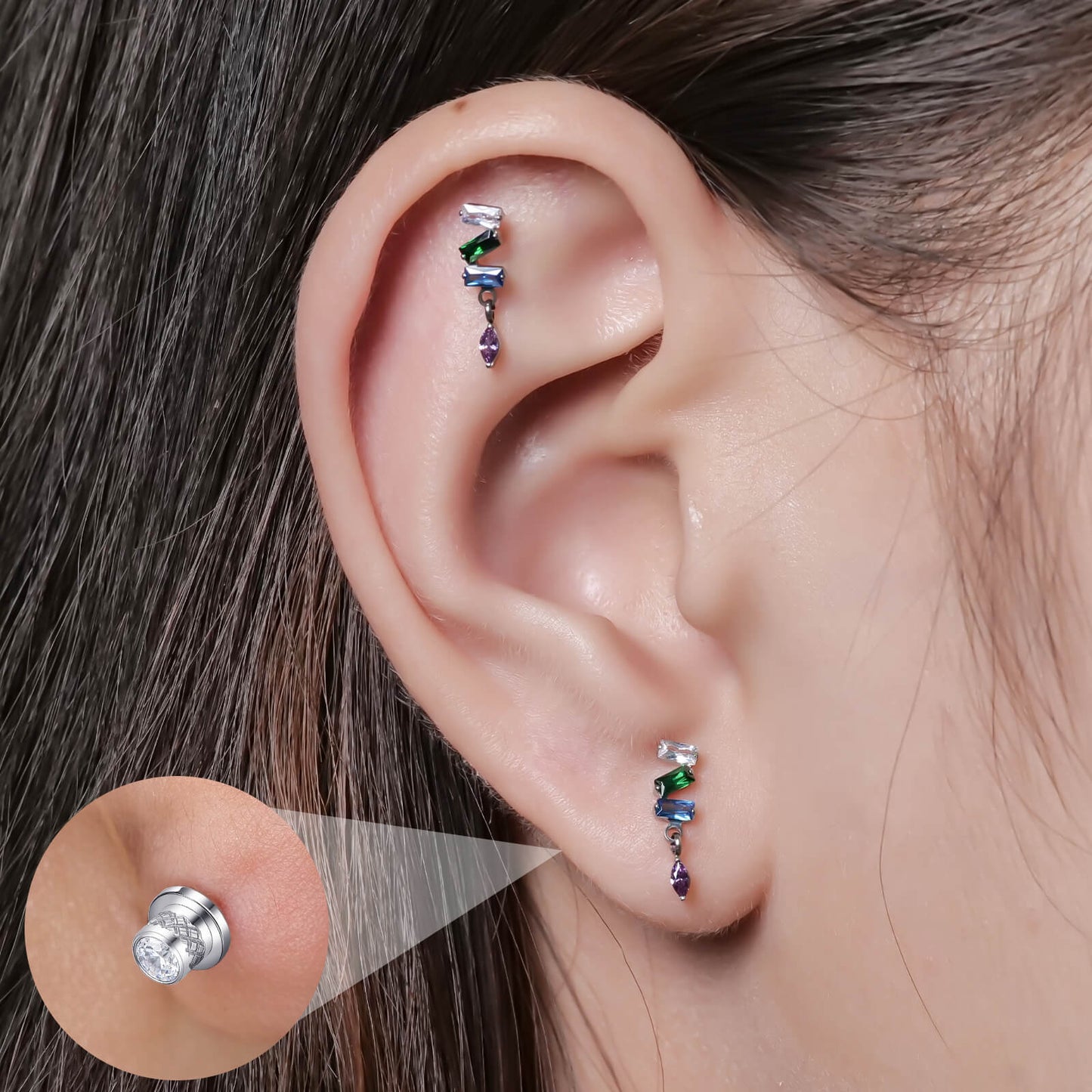 Limerencia Titanium Screw Back Earrings, Hypoallergenic F136 Implant Grade Flat Back Earrings for Women Men, Double Side Cubic Zirconia Sleeper Studs Jewelry/3 Dangle