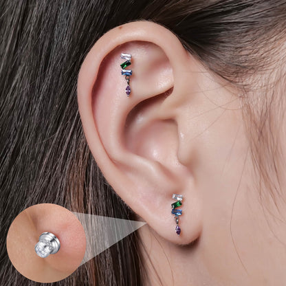 Limerencia Titanium Screw Back Earrings, Hypoallergenic F136 Implant Grade Flat Back Earrings for Women Men, Double Side Cubic Zirconia Sleeper Studs Jewelry/3 Dangle