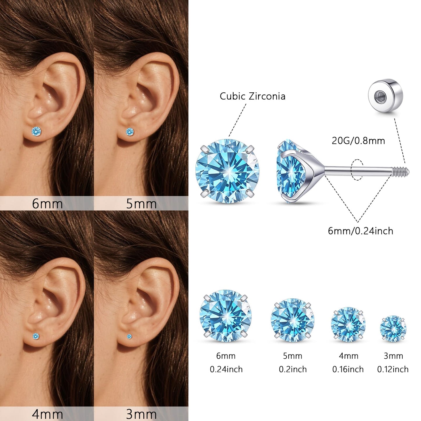 Orecchini piatti cartilagine titanio F136 Limerencia ipoallergenici con zircone perla opale, gioielli piercing elica confezione 4 paia 3-6mm da donna