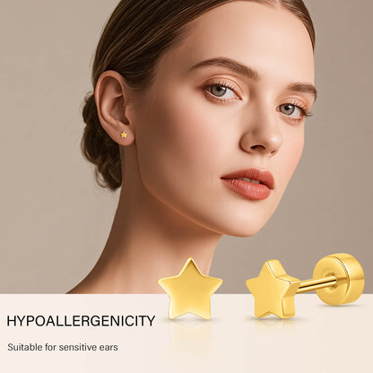 Limerencia Titan-Flachverschluss-Ohrstecker, hypoallergene Herz-/Stern-Schraubverschluss-Ohrstecker für Damen und Herren, klassische 5mm Schlafohrstecker für Knorpel und Ohrläppchen