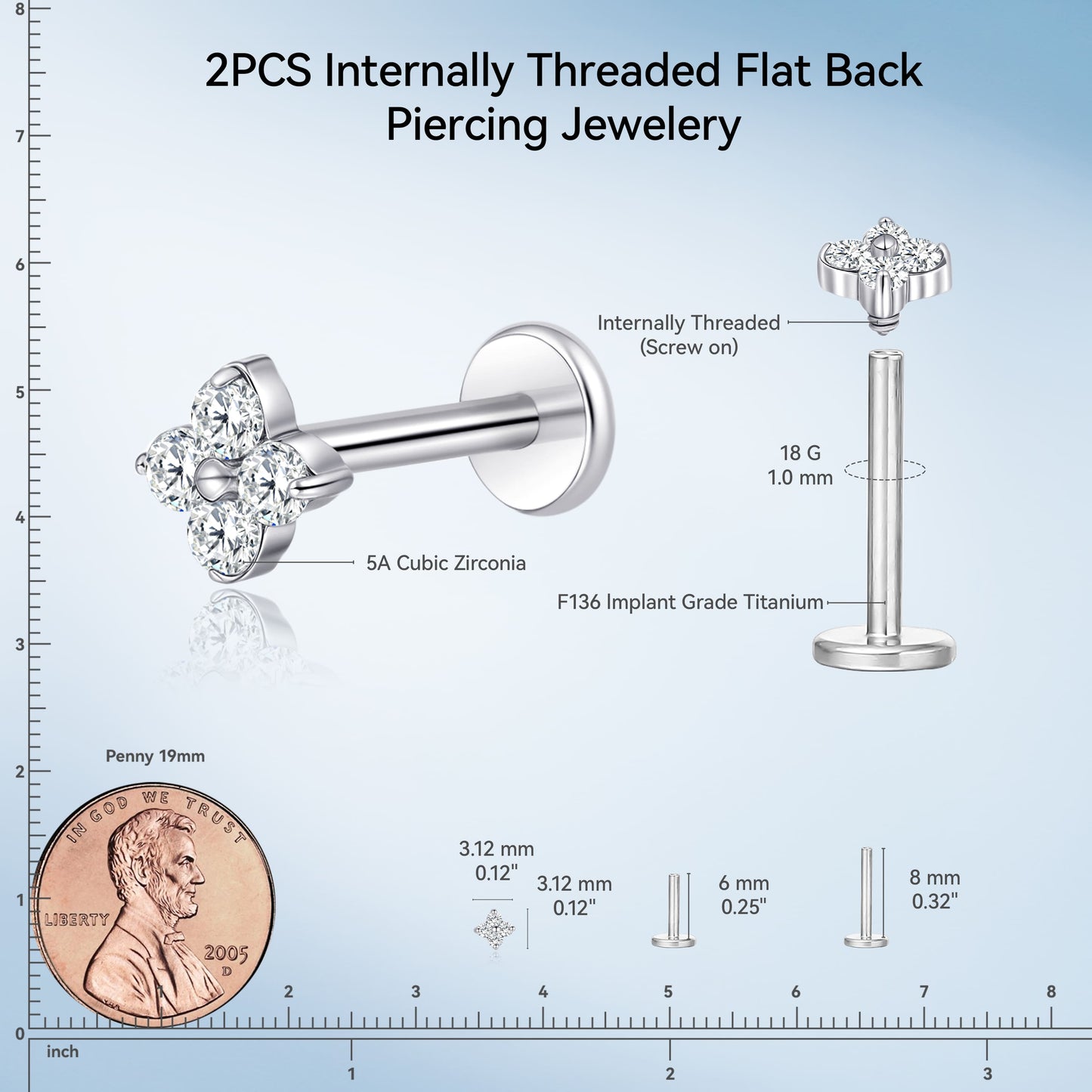 Limerencia 18G チタン製ボディピアス、低アレルギー内ネジフラットバックスタッド 2 個入り、トラガス・鼻・ヘリックス・コンチ・リップ・ラブレット・軟骨ピアス男女兼用、梅の花デザイン