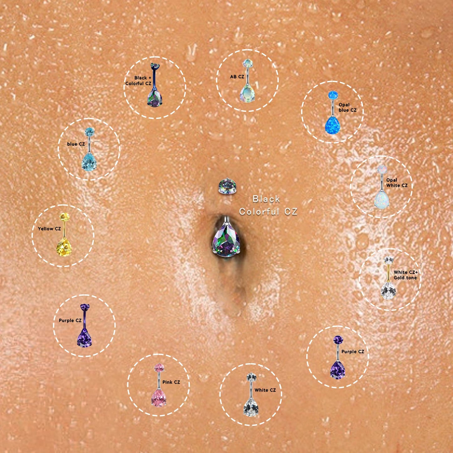 limerencia G23 Titanium Belly Button Rings hypoallergenic medical implant grade 14G Teardrop CZ Belly Navel Rings Piercing Belly Bars（Water drop belly button ring）
