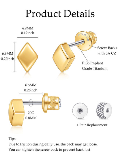 Limerencia Titanium Earring Studs, Implant Grade F136 Earrings with CZ Screw Back Hypoallergenic for Women and Men Sensitive Ears Jewelry Gift
