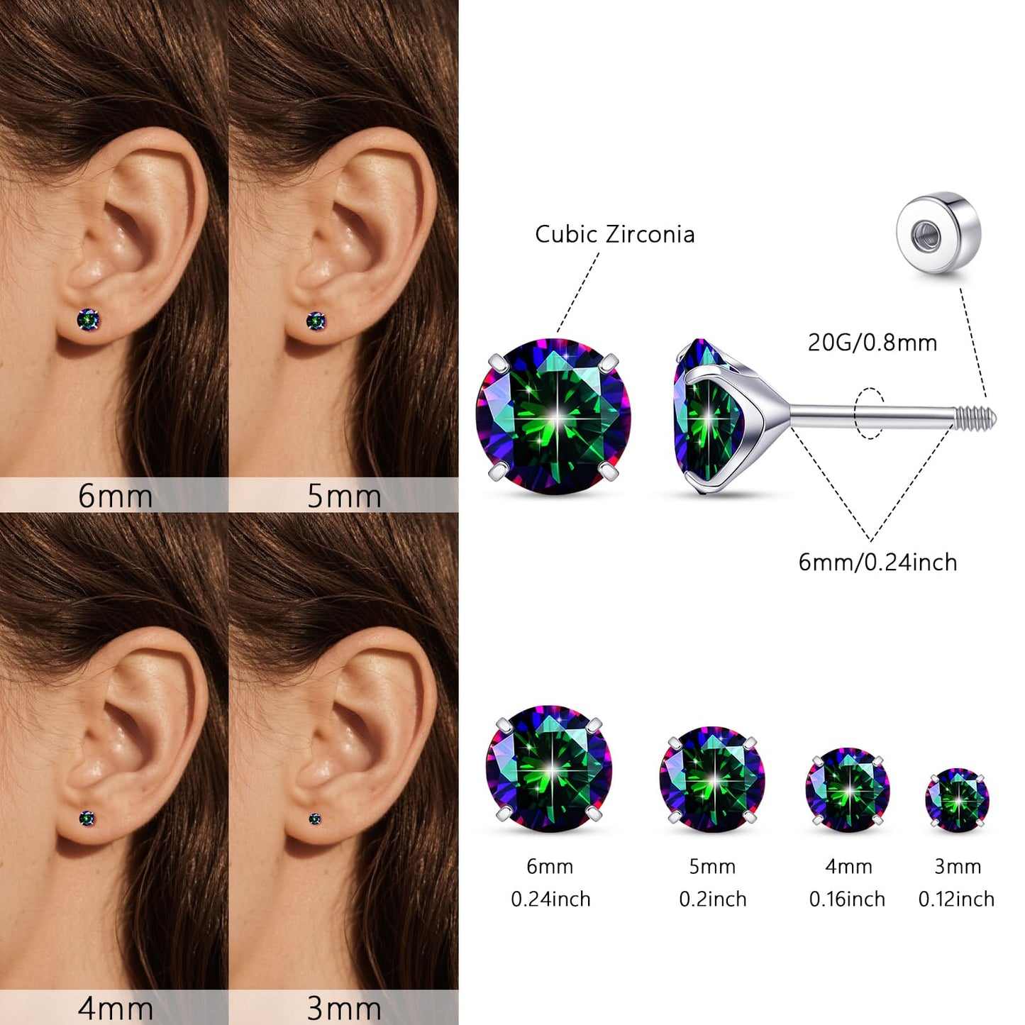 Orecchini piatti cartilagine titanio F136 Limerencia ipoallergenici con zircone perla opale, gioielli piercing elica confezione 4 paia 3-6mm da donna