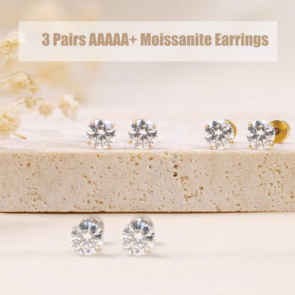 Pendientes de tuerca de moissanita Limerencia, 3 pares de pendientes con cierre de tornillo de titanio, pendientes de moissanita sintética color D pureza VVS1, titanio puro G23 hipoalergénico para mujer y hombre con oídos sensibles