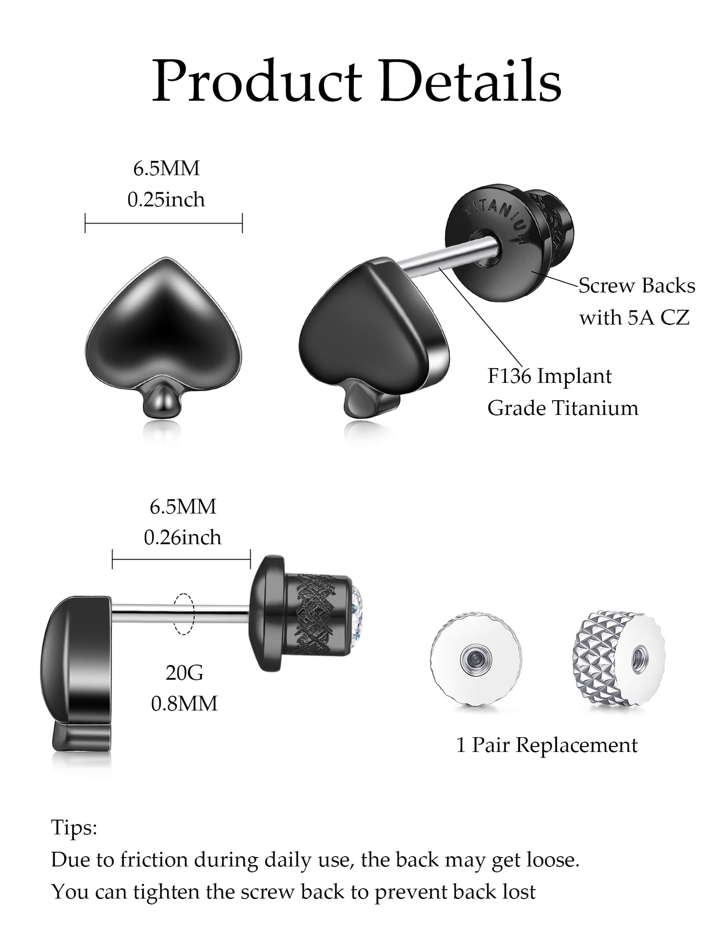 Limerencia Titanium Earring Studs, Implant Grade F136 Earrings with CZ Screw Back Hypoallergenic for Women and Men Sensitive Ears Jewelry Gift