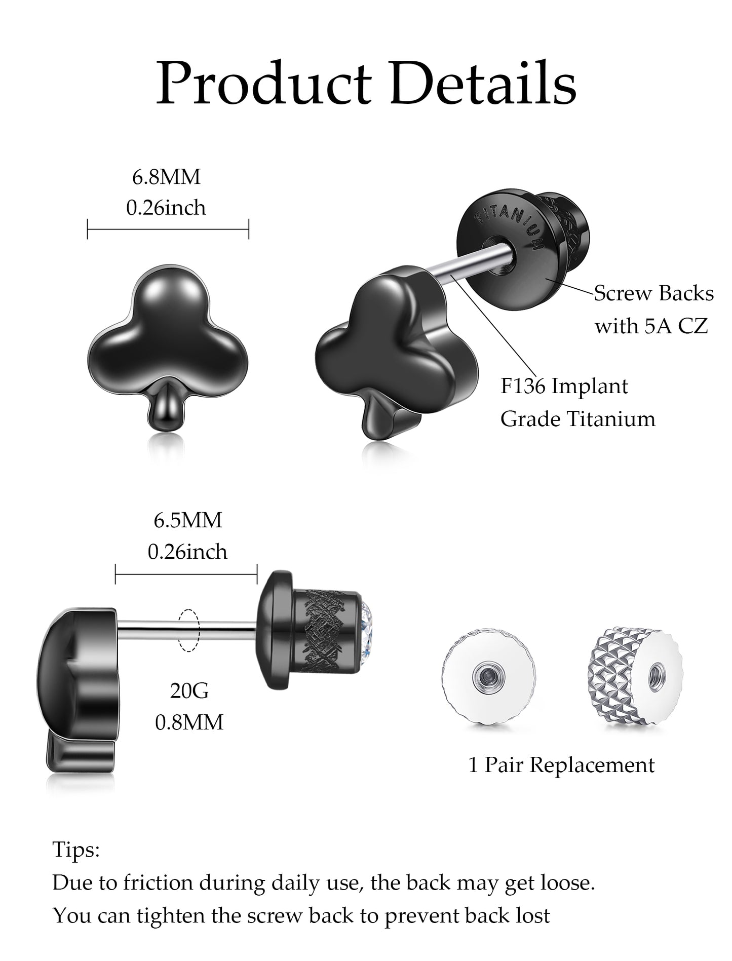 Limerencia Titanium Earring Studs, Implant Grade F136 Earrings with CZ Screw Back Hypoallergenic for Women and Men Sensitive Ears Jewelry Gift