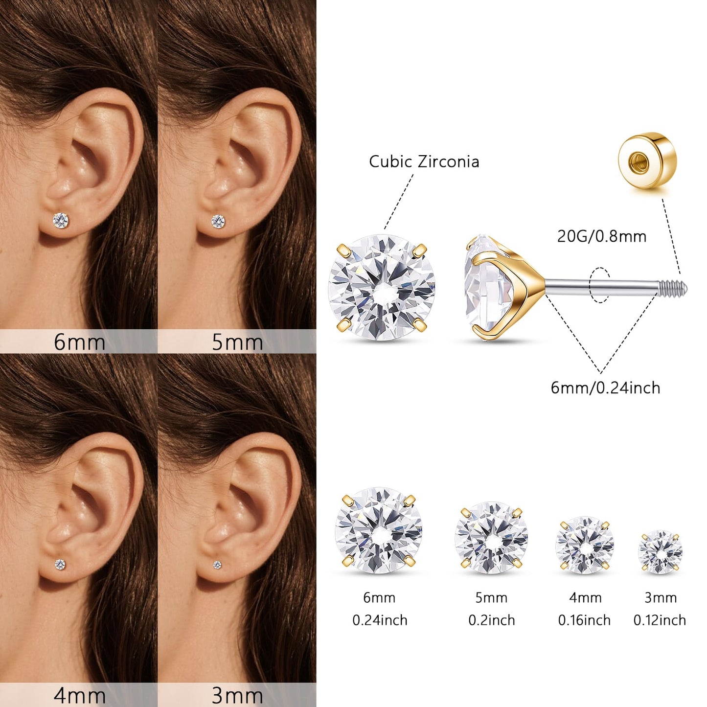 Orecchini piatti cartilagine titanio F136 Limerencia ipoallergenici con zircone perla opale, gioielli piercing elica confezione 4 paia 3-6mm da donna