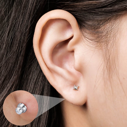 Limerencia Titanium Screw Back Earrings, Hypoallergenic F136 Implant Grade Flat Back Earrings for Women Men, Double Side Cubic Zirconia Sleeper Studs Jewelry/star