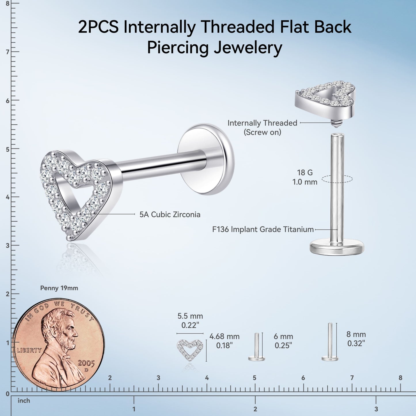 Piercing corporal titanio Limerencia calibre 18G, 2 unidades de clavos hipoalergénicos rosca interna respaldo plano para trago, nariz, hélice, concha, labio y labret, piercing cartílago unisex, diseño corazón pequeño