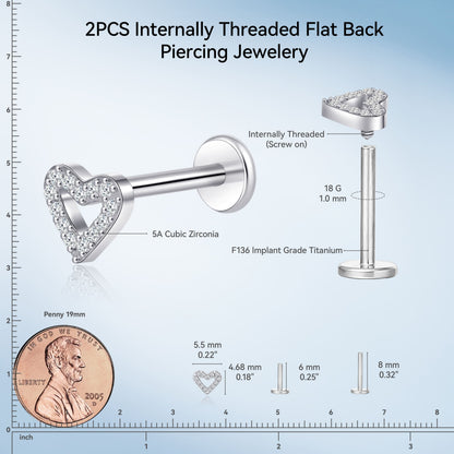 Piercing corporal titanio Limerencia calibre 18G, 2 unidades de clavos hipoalergénicos rosca interna respaldo plano para trago, nariz, hélice, concha, labio y labret, piercing cartílago unisex, diseño corazón pequeño