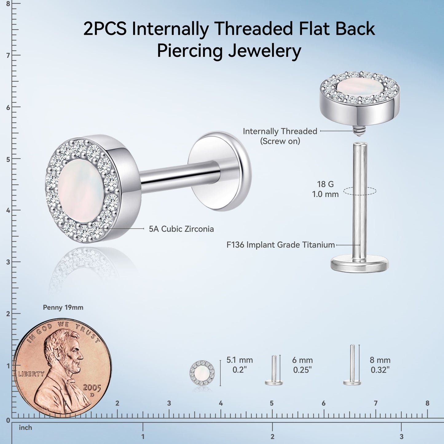 Limerencia 18G Titan-Körperschmuck, 2 Stück hypoallergene Innengewinde-Flachrücken-Ohrstecker für Tragus, Nase, Helix, Conch, Lippe, Labret und Knorpelpiercing für Damen & Herren, rundes Zirkoniadesign