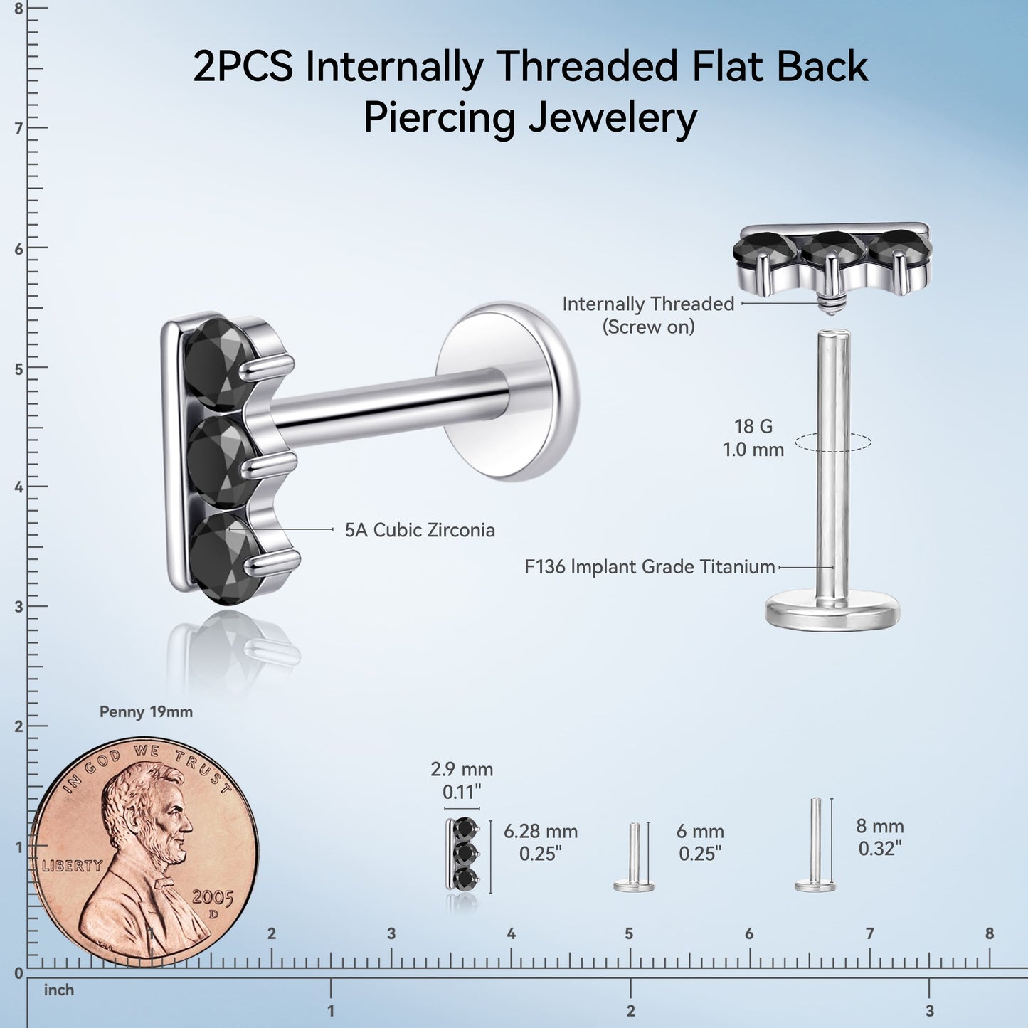 limerencia 18G Titanium Body Piercing Jewelry, 2PC Hypoallergenic Internally Threaded Flat Back Stud Earrings for Tragus/Nose/Helix/Conch/Lip/Labret/Cartilage Earrings for Women Men/bar