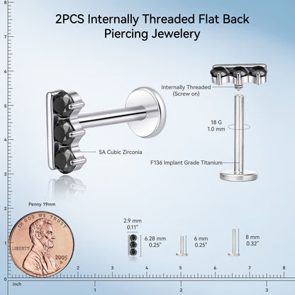 limerencia 18G Titanium Body Piercing Jewelry, 2PC Hypoallergenic Internally Threaded Flat Back Stud Earrings for Tragus/Nose/Helix/Conch/Lip/Labret/Cartilage Earrings for Women Men/bar