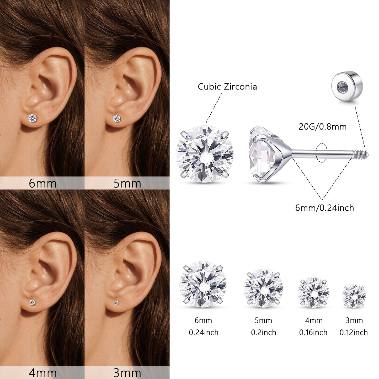 Orecchini piatti cartilagine titanio F136 Limerencia ipoallergenici con zircone perla opale, gioielli piercing elica confezione 4 paia 3-6mm da donna