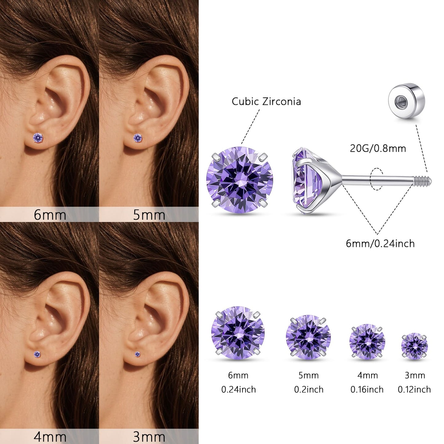 Orecchini piatti cartilagine titanio F136 Limerencia ipoallergenici con zircone perla opale, gioielli piercing elica confezione 4 paia 3-6mm da donna