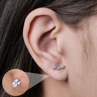 Limerencia Titanium Screw Back Earrings, Hypoallergenic F136 Implant Grade Flat Back Earrings for Women Men, Double Side Cubic Zirconia Sleeper Studs Jewelry/3 star