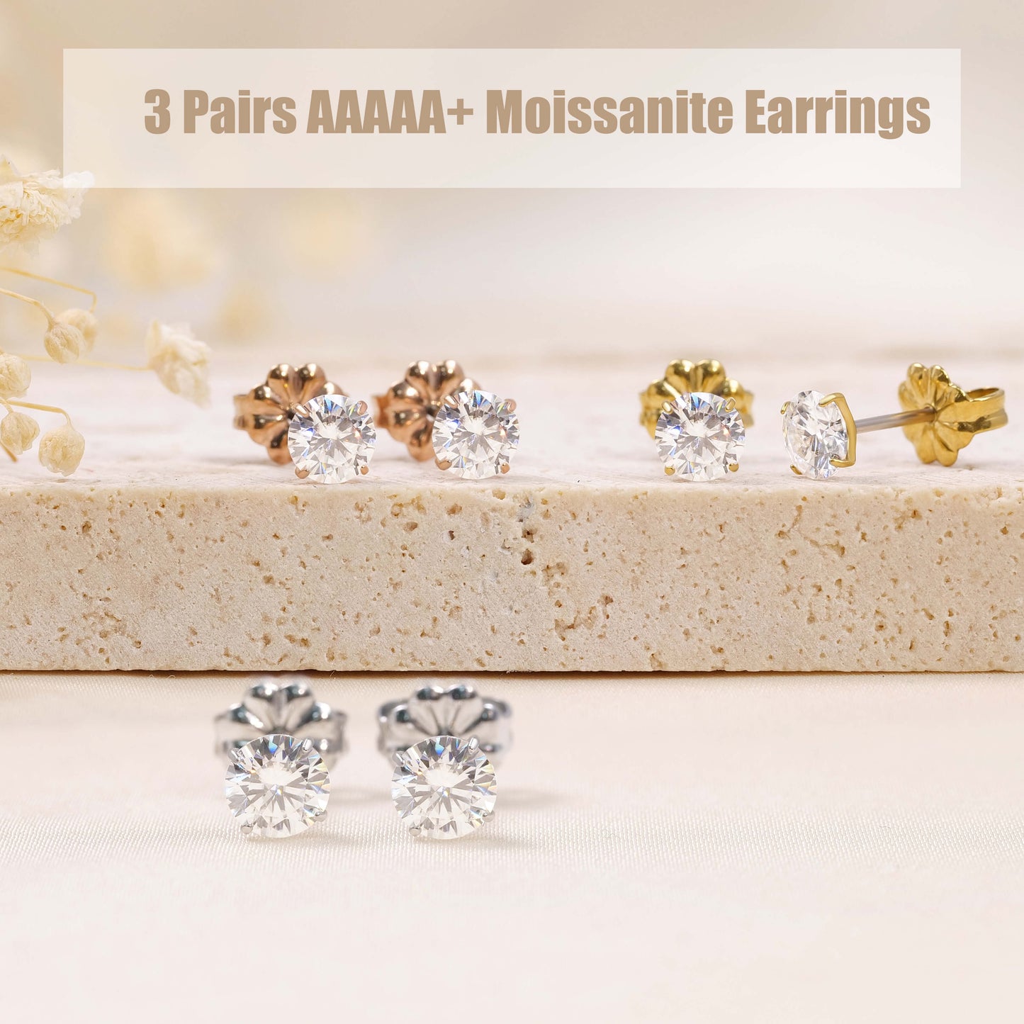 Pendientes de tuerca de moissanita Limerencia, 3 pares de pendientes con cierre de tornillo de titanio, pendientes de moissanita sintética color D pureza VVS1, titanio puro G23 hipoalergénico para mujer y hombre con oídos sensibles