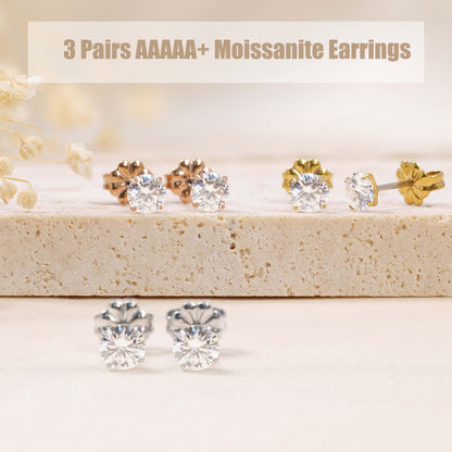 Pendientes de tuerca de moissanita Limerencia, 3 pares de pendientes con cierre de tornillo de titanio, pendientes de moissanita sintética color D pureza VVS1, titanio puro G23 hipoalergénico para mujer y hombre con oídos sensibles