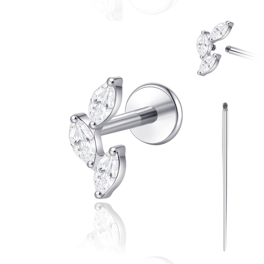 Bijou piercing corps titane Limerencia 18G, clou dos plat à filetage interne pour tragus, hélix, cartilage, conque et méduse, mixte, 1 pièce à décor trois feuilles inclinées