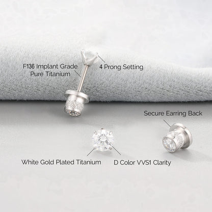 Limerencia Moissanite Stud Earrings, F136 Titanium Screw Back Earrings, D Color VVS1 Clarity Lab-created Moissanite Earrings, Hypoallergenic G23 Pure Titanium for Women Men Sensitive Ears