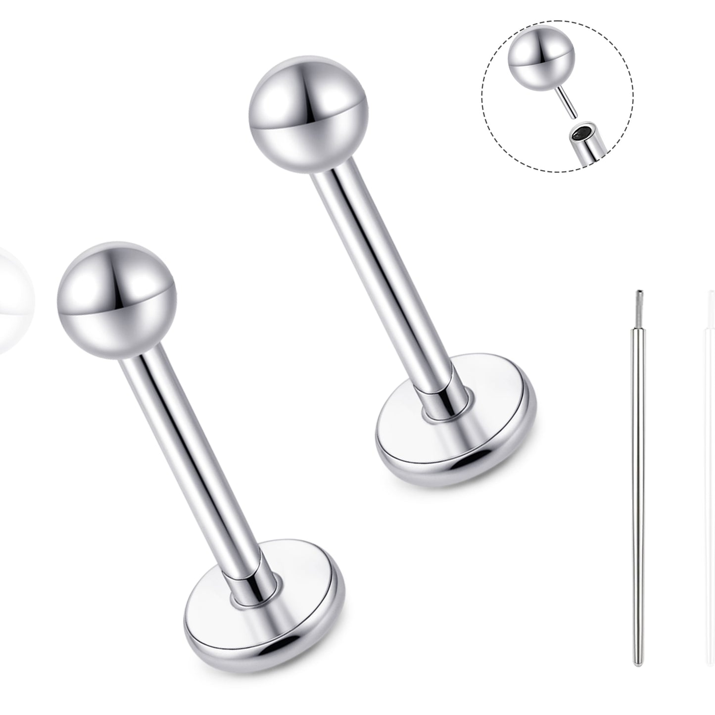 Orecchino titanio base piatta senza filetto Limerencia calibro 20G, piercing a pressione per cartilagine, trago, labret, labbro, medusa e conca, ipoallergenico unisex / testa sfera