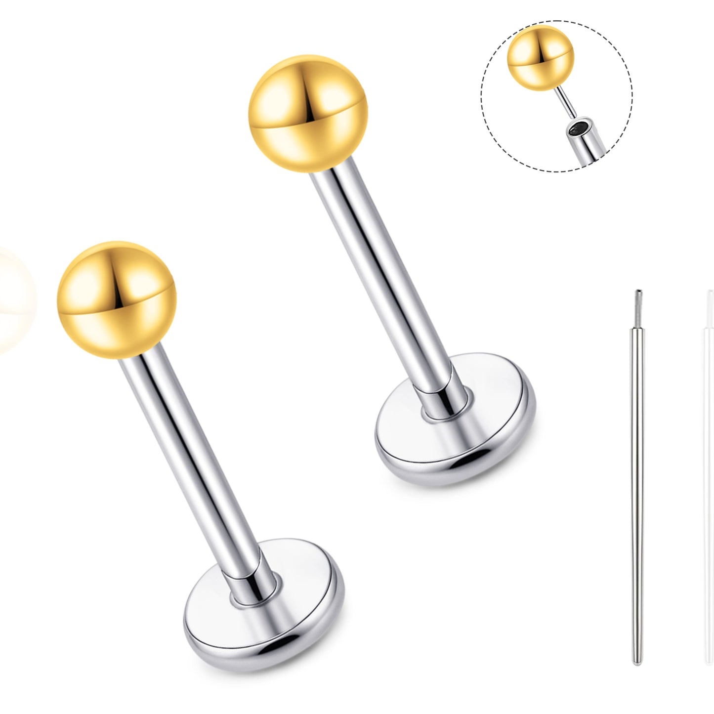 Orecchino titanio base piatta senza filetto Limerencia calibro 20G, piercing a pressione per cartilagine, trago, labret, labbro, medusa e conca, ipoallergenico unisex / testa sfera