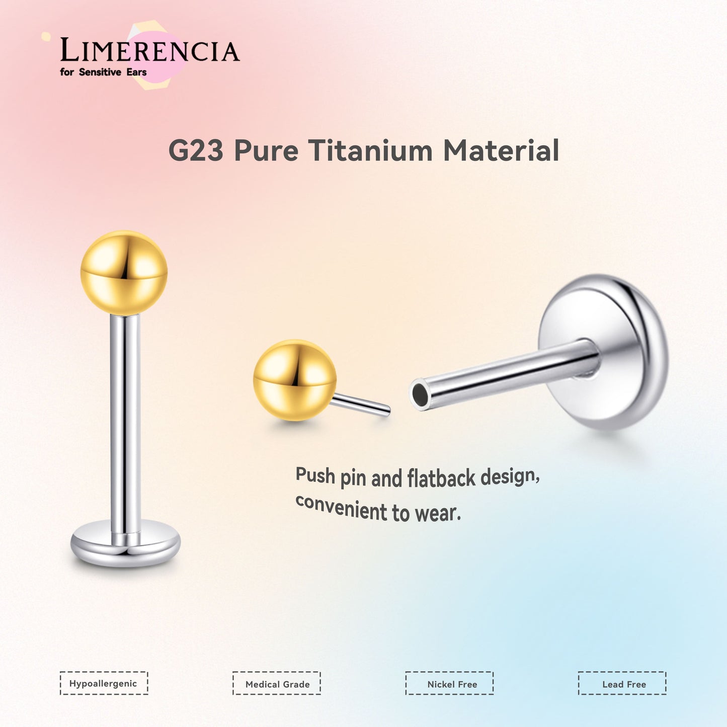 Orecchino titanio base piatta senza filetto Limerencia calibro 20G, piercing a pressione per cartilagine, trago, labret, labbro, medusa e conca, ipoallergenico unisex / testa sfera