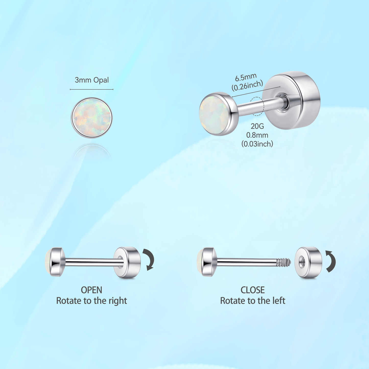 Limerencia 20G Titan-Flatback-Ohrringe für empfindliche Ohren, G23 hypoallergene Titan-Ohrringe mit Opalimitat und Schraubverschluss für Knorpel-, Helix- und Tragus-Piercings