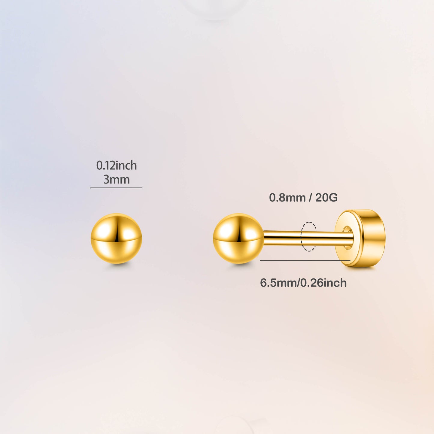 Limerencia Titan-Flachverschluss-Ohrstecker, hypoallergene Kugelohrstecker für empfindliche Ohren, schlichte klassische Flachstecker in 3 mm bis 5 mm, ideal für Helix, Tragus, Knorpel und Ohrläppchen