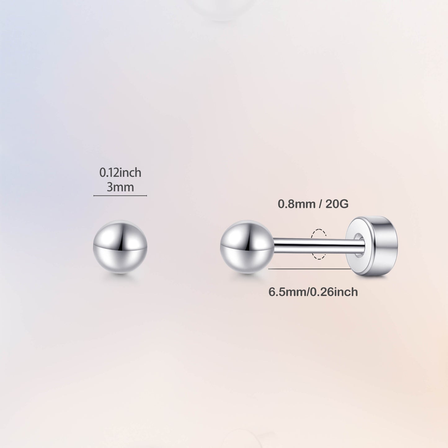 Limerencia Titan-Flachverschluss-Ohrstecker, hypoallergene Kugelohrstecker für empfindliche Ohren, schlichte klassische Flachstecker in 3 mm bis 5 mm, ideal für Helix, Tragus, Knorpel und Ohrläppchen