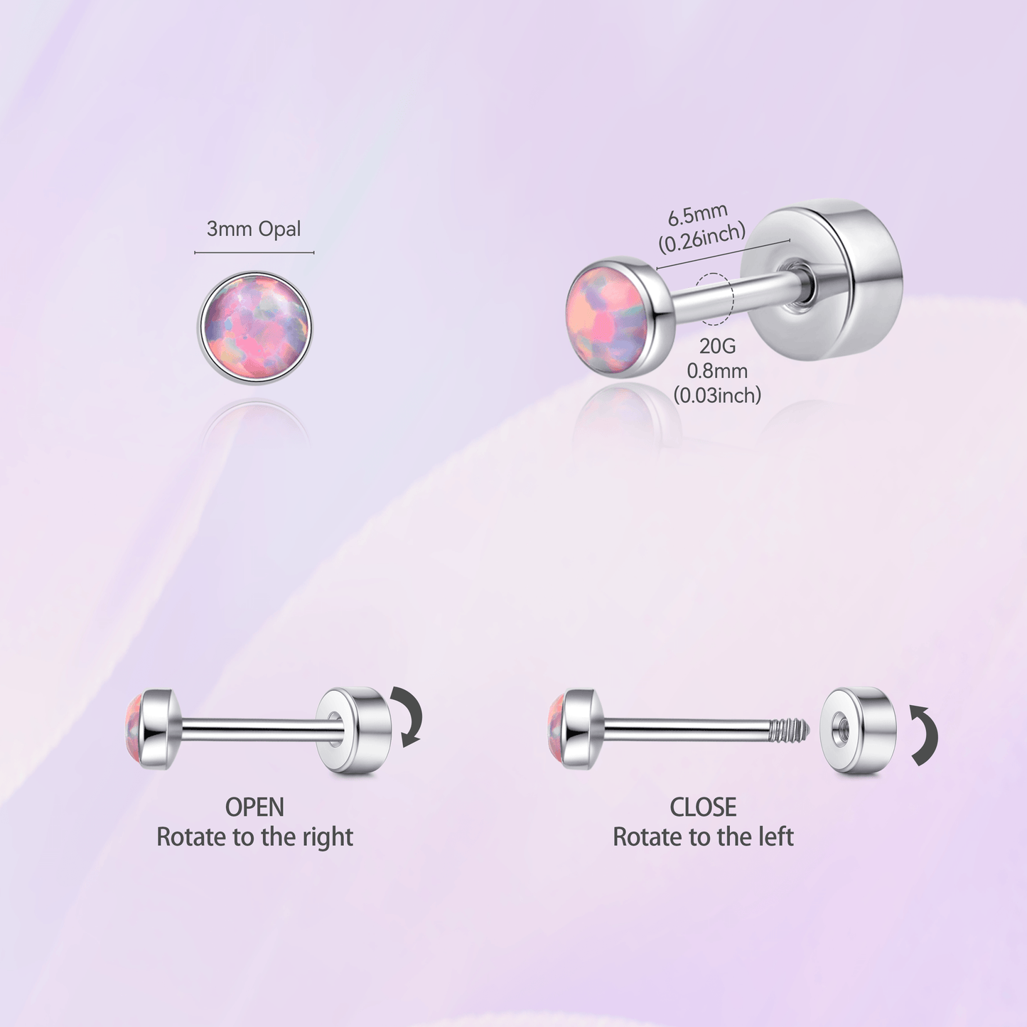 Limerencia 20G Titan-Flatback-Ohrringe für empfindliche Ohren, G23 hypoallergene Titan-Ohrringe mit Opalimitat und Schraubverschluss für Knorpel-, Helix- und Tragus-Piercings