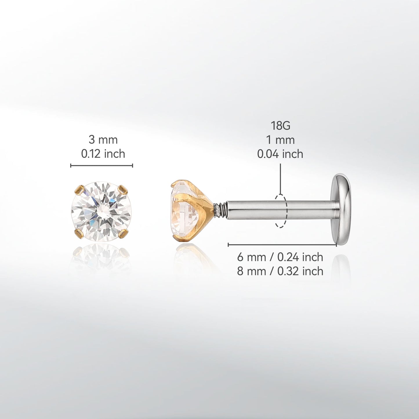Gioielli piercing ipoallergenici in titanio F136 Limerencia, borchie filettate interne fondo piatto 18G 6mm 8mm 10mm per trago, elica, conca, cartilagine, naso e labbra (Zircone bianco 2mm)