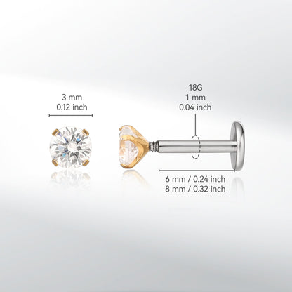 Gioielli piercing ipoallergenici in titanio F136 Limerencia, borchie filettate interne fondo piatto 18G 6mm 8mm 10mm per trago, elica, conca, cartilagine, naso e labbra (Zircone bianco 2mm)