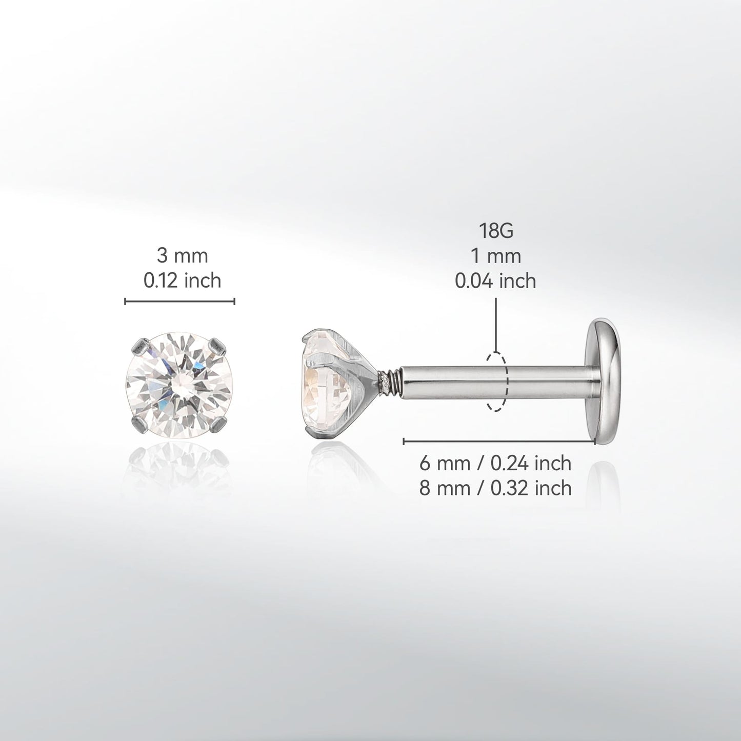 Gioielli piercing ipoallergenici in titanio F136 Limerencia, borchie filettate interne fondo piatto 18G 6mm 8mm 10mm per trago, elica, conca, cartilagine, naso e labbra (Zircone bianco 2mm)