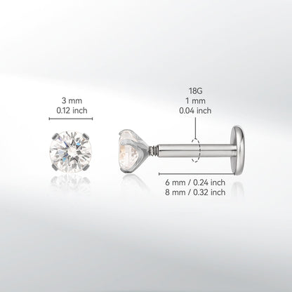Gioielli piercing ipoallergenici in titanio F136 Limerencia, borchie filettate interne fondo piatto 18G 6mm 8mm 10mm per trago, elica, conca, cartilagine, naso e labbra (Zircone bianco 2mm)