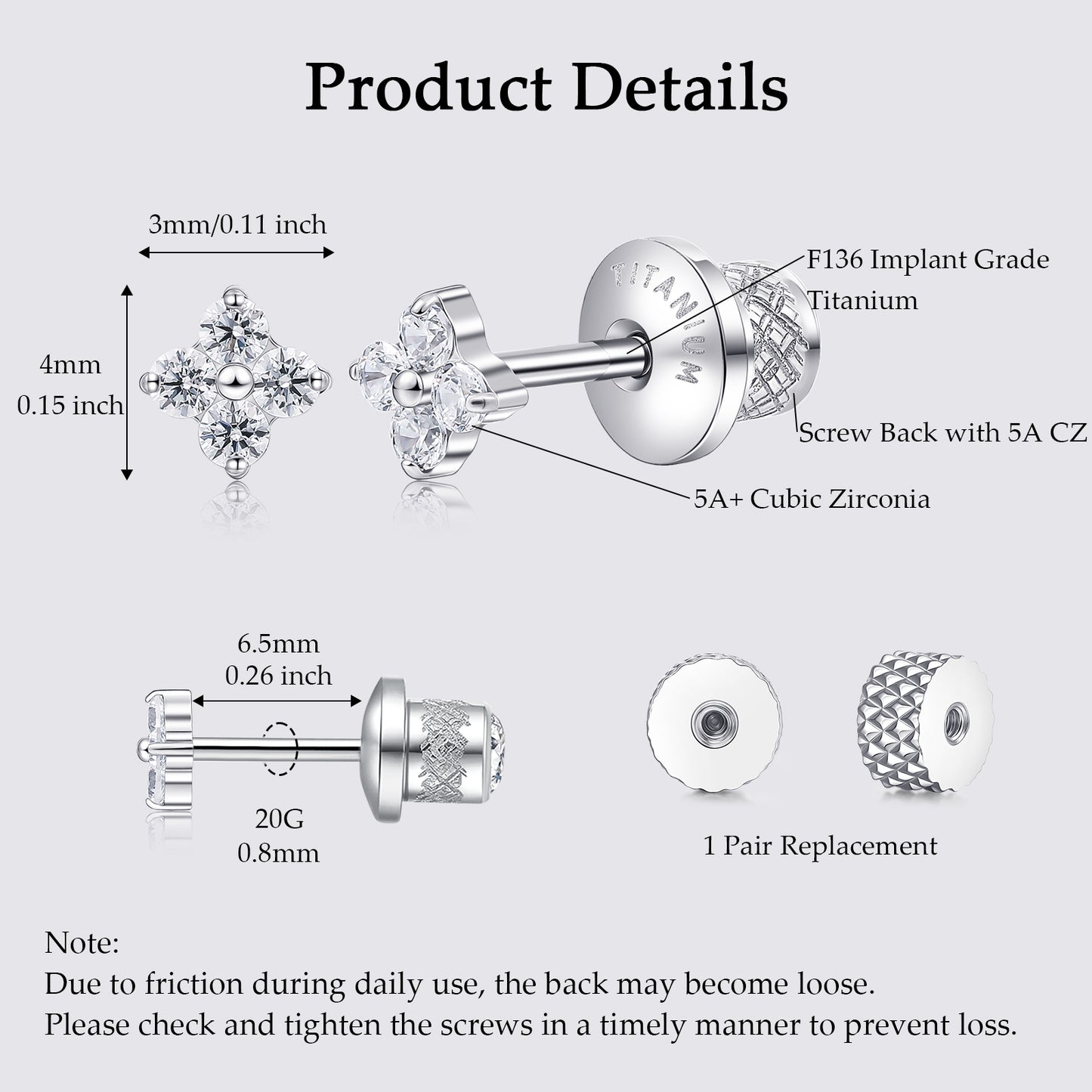 Limerencia Titanium Screw Back Earrings, Hypoallergenic F136 Implant Grade Flat Back Earrings for Women Men, Double Side Cubic Zirconia Sleeper Studs Jewelry/ Plum Blossom 3mm
